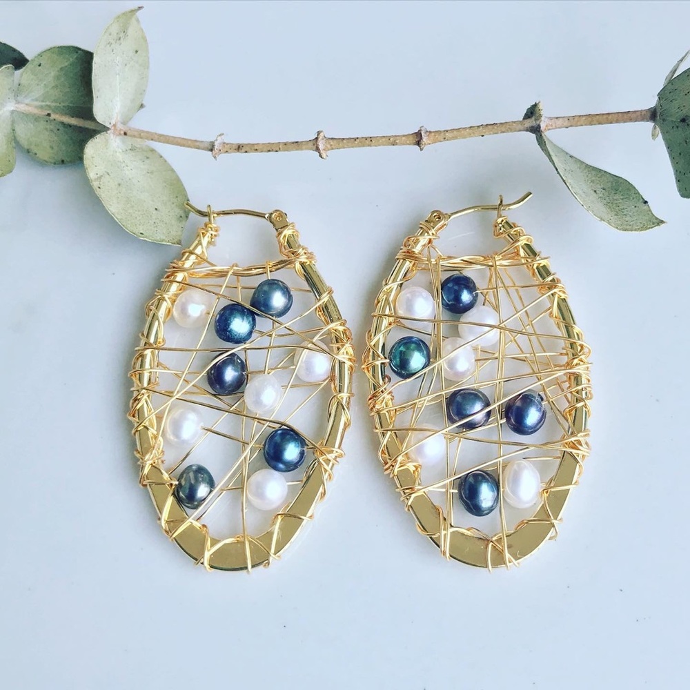 Keshi and Tahitian Pearl Wire Wrapped Hoops